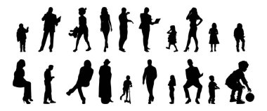 Vektör siluetleri, insanların ana hatları, Contour çizimleri, insanların siluetleri, ikon kümesi izole edilmiş, oturan insanların silueti, mimari set