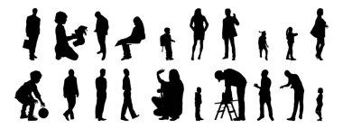 Vektör siluetleri, insanların ana hatları, Contour çizimleri, insanların siluetleri, ikon kümesi izole edilmiş, oturan insanların silueti, mimari set