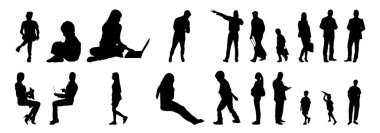 Vektör siluetleri, insanların ana hatları, Contour çizimleri, insanların siluetleri, ikon kümesi izole edilmiş, oturan insanların silueti, mimari set