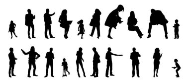 Vektör siluetleri, insanların ana hatları, Contour çizimleri, insanların siluetleri, ikon kümesi izole edilmiş, oturan insanların silueti, mimari set