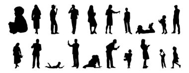 Vektör siluetleri, insanların ana hatları, Contour çizimleri, insanların siluetleri, ikon kümesi izole edilmiş, oturan insanların silueti, mimari set