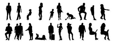 Vektör siluetleri, insanların ana hatları, Contour çizimleri, insanların siluetleri, ikon kümesi izole edilmiş, oturan insanların silueti, mimari set