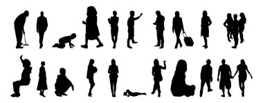 Vektör siluetleri, insanların ana hatları, Contour çizimleri, insanların siluetleri, ikon kümesi izole edilmiş, oturan insanların silueti, mimari set