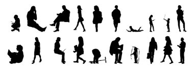 Vektör siluetleri, insanların ana hatları, Contour çizimleri, insanların siluetleri, ikon kümesi izole edilmiş, oturan insanların silueti, mimari set