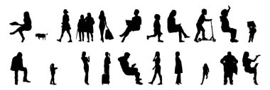 Vektör siluetleri, insanların ana hatları, Contour çizimleri, insanların siluetleri, ikon kümesi izole edilmiş, oturan insanların silueti, mimari set