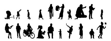 Vektör siluetleri, insanların ana hatları, Contour çizimleri, insanların siluetleri, ikon kümesi izole edilmiş, oturan insanların silueti, mimari set