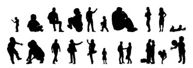 Vektör siluetleri, insanların ana hatları, Contour çizimleri, insanların siluetleri, ikon kümesi izole edilmiş, oturan insanların silueti, mimari set