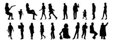 Vektör siluetleri, insanların ana hatları, Contour çizimleri, insanların siluetleri, ikon kümesi izole edilmiş, oturan insanların silueti, mimari set