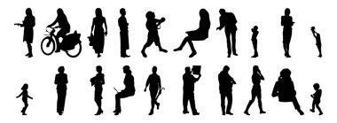 Vektör siluetleri, insanların ana hatları, Contour çizimleri, insanların siluetleri, ikon kümesi izole edilmiş, oturan insanların silueti, mimari set