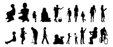 Vektör siluetleri, insanların ana hatları, Contour çizimleri, insanların siluetleri, ikon kümesi izole edilmiş, oturan insanların silueti, mimari set