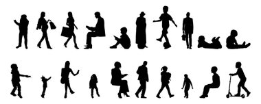 Vektör siluetleri, insanların ana hatları, Contour çizimleri, insanların siluetleri, ikon kümesi izole edilmiş, oturan insanların silueti, mimari set