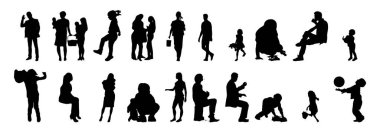 Vektör siluetleri, insanların ana hatları, Contour çizimleri, insanların siluetleri, ikon kümesi izole edilmiş, oturan insanların silueti, mimari set