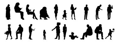 Vektör siluetleri, insanların ana hatları, Contour çizimleri, insanların siluetleri, ikon kümesi izole edilmiş, oturan insanların silueti, mimari set