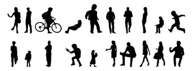 Vektör siluetleri, insanların ana hatları, Contour çizimleri, insanların siluetleri, ikon kümesi izole edilmiş, oturan insanların silueti, mimari set