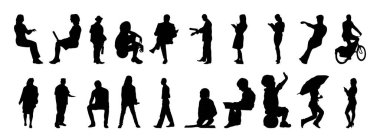 Vektör siluetleri, insanların ana hatları, Contour çizimleri, insanların siluetleri, ikon kümesi izole edilmiş, oturan insanların silueti, mimari set