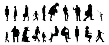 Vektör siluetleri, insanların ana hatları, Contour çizimleri, insanların siluetleri, ikon kümesi izole edilmiş, oturan insanların silueti, mimari set