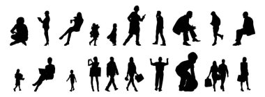 Vektör siluetleri, insanların ana hatları, Contour çizimleri, insanların siluetleri, ikon kümesi izole edilmiş, oturan insanların silueti, mimari set