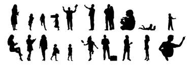 Vektör siluetleri, insanların ana hatları, Contour çizimleri, insanların siluetleri, ikon kümesi izole edilmiş, oturan insanların silueti, mimari set