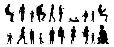 Vektör siluetleri, insanların ana hatları, Contour çizimleri, insanların siluetleri, ikon kümesi izole edilmiş, oturan insanların silueti, mimari set