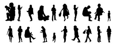 Vektör siluetleri, insanların ana hatları, Contour çizimleri, insanların siluetleri, ikon kümesi izole edilmiş, oturan insanların silueti, mimari set