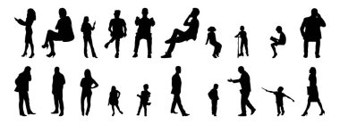 Vektör siluetleri, insanların ana hatları, Contour çizimleri, insanların siluetleri, ikon kümesi izole edilmiş, oturan insanların silueti, mimari set