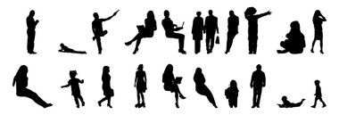 Vektör siluetleri, insanların ana hatları, Contour çizimleri, insanların siluetleri, ikon kümesi izole edilmiş, oturan insanların silueti, mimari set