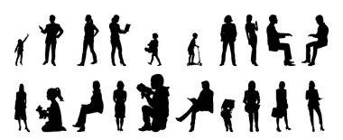 Vektör siluetleri, insanların ana hatları, Contour çizimleri, insanların siluetleri, ikon kümesi izole edilmiş, oturan insanların silueti, mimari set