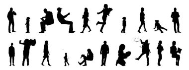 Vektör siluetleri, insanların ana hatları, Contour çizimleri, insanların siluetleri, ikon kümesi izole edilmiş, oturan insanların silueti, mimari set