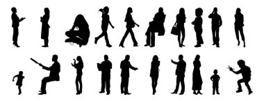 Vektör siluetleri, insanların ana hatları, Contour çizimleri, insanların siluetleri, ikon kümesi izole edilmiş, oturan insanların silueti, mimari set