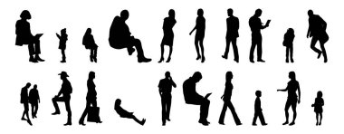 Vektör siluetleri, insanların ana hatları, Contour çizimleri, insanların siluetleri, ikon kümesi izole edilmiş, oturan insanların silueti, mimari set