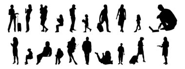 Vektör siluetleri, insanların ana hatları, Contour çizimleri, insanların siluetleri, ikon kümesi izole edilmiş, oturan insanların silueti, mimari set