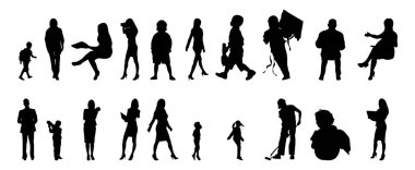 Vektör siluetleri, insanların ana hatları, Contour çizimleri, insanların siluetleri, ikon kümesi izole edilmiş, oturan insanların silueti, mimari set