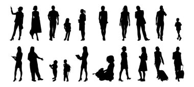 Vektör siluetleri, insanların ana hatları, Contour çizimleri, insanların siluetleri, ikon kümesi izole edilmiş, oturan insanların silueti, mimari set