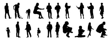 Vektör siluetleri, insanların ana hatları, Contour çizimleri, insanların siluetleri, ikon kümesi izole edilmiş, oturan insanların silueti, mimari set