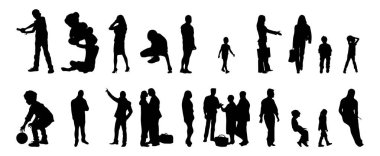 Vektör siluetleri, insanların ana hatları, Contour çizimleri, insanların siluetleri, ikon kümesi izole edilmiş, oturan insanların silueti, mimari set