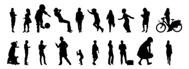 Vektör siluetleri, insanların ana hatları, Contour çizimleri, insanların siluetleri, ikon kümesi izole edilmiş, oturan insanların silueti, mimari set