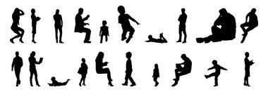 Vektör siluetleri, insanların ana hatları, Contour çizimleri, insanların siluetleri, ikon kümesi izole edilmiş, oturan insanların silueti, mimari set