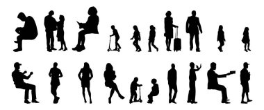 Vektör siluetleri, insanların ana hatları, Contour çizimleri, insanların siluetleri, ikon kümesi izole edilmiş, oturan insanların silueti, mimari set