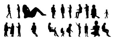 Vektör siluetleri, insanların ana hatları, Contour çizimleri, insanların siluetleri, ikon kümesi izole edilmiş, oturan insanların silueti, mimari set