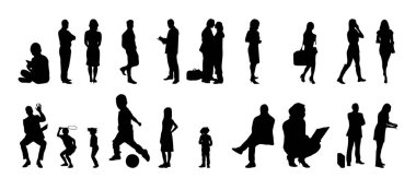Vektör siluetleri, insanların ana hatları, Contour çizimleri, insanların siluetleri, ikon kümesi izole edilmiş, oturan insanların silueti, mimari set