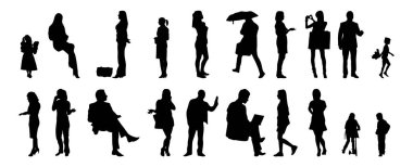 Vektör siluetleri, insanların ana hatları, Contour çizimleri, insanların siluetleri, ikon kümesi izole edilmiş, oturan insanların silueti, mimari set