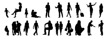 Vektör siluetleri, insanların ana hatları, Contour çizimleri, insanların siluetleri, ikon kümesi izole edilmiş, oturan insanların silueti, mimari set