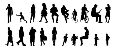 Vektör siluetleri, insanların ana hatları, Contour çizimleri, insanların siluetleri, ikon kümesi izole edilmiş, oturan insanların silueti, mimari set
