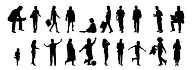 Vektör siluetleri, insanların ana hatları, Contour çizimleri, insanların siluetleri, ikon kümesi izole edilmiş, oturan insanların silueti, mimari set