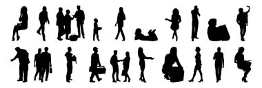 Vektör siluetleri, insanların ana hatları, Contour çizimleri, insanların siluetleri, ikon kümesi izole edilmiş, oturan insanların silueti, mimari set