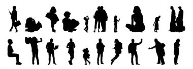 Vektör siluetleri, insanların ana hatları, Contour çizimleri, insanların siluetleri, ikon kümesi izole edilmiş, oturan insanların silueti, mimari set