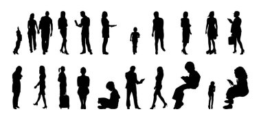 Vektör siluetleri, insanların ana hatları, Contour çizimleri, insanların siluetleri, ikon kümesi izole edilmiş, oturan insanların silueti, mimari set