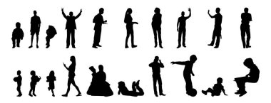 Vektör siluetleri, insanların ana hatları, Contour çizimleri, insanların siluetleri, ikon kümesi izole edilmiş, oturan insanların silueti, mimari set