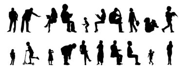 Vektör siluetleri, insanların ana hatları, Contour çizimleri, insanların siluetleri, ikon kümesi izole edilmiş, oturan insanların silueti, mimari set