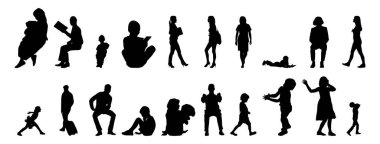 Vektör siluetleri, insanların ana hatları, Contour çizimleri, insanların siluetleri, ikon kümesi izole edilmiş, oturan insanların silueti, mimari set